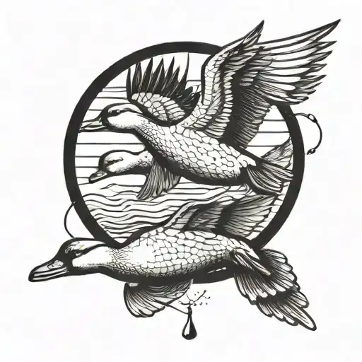 A Detailed Blackwork Tattoo Of A Duck Flying Over A Guy Fishing With 4 Aces