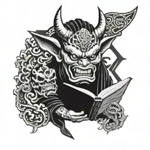 Japanese Oni Mask Holding Open Book Surrounded