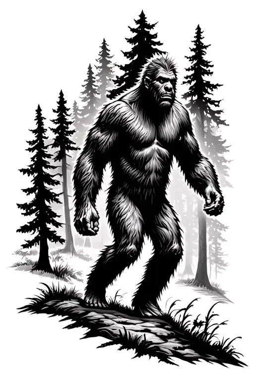 Big Foot Silohette Walking In The Forest Scene
