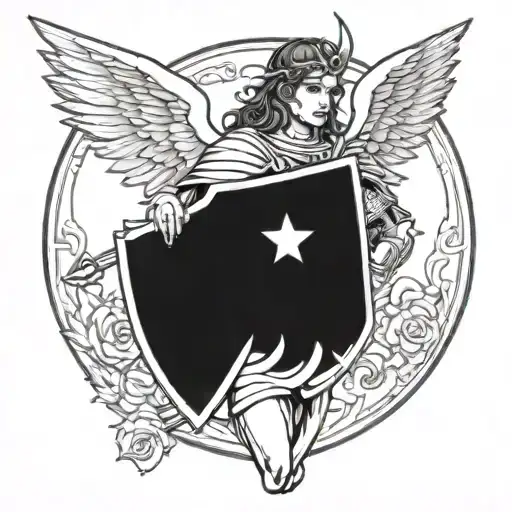 A Blackwork Design Of An Angelic Warrior Holding A Shield Of Love
