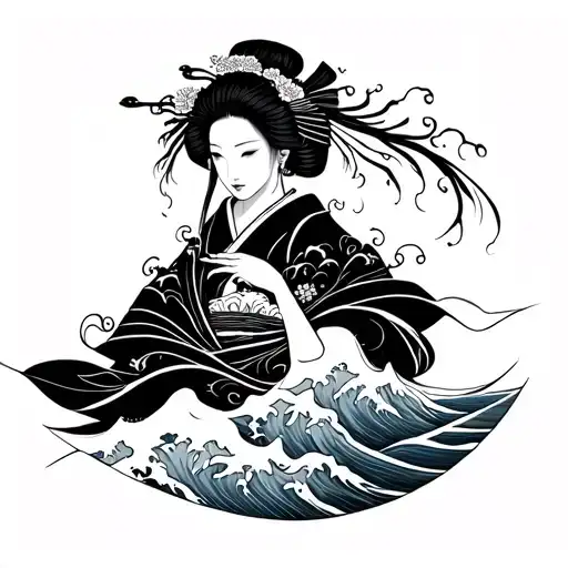 Irezumi Geisha With Waves Crashing In The Background