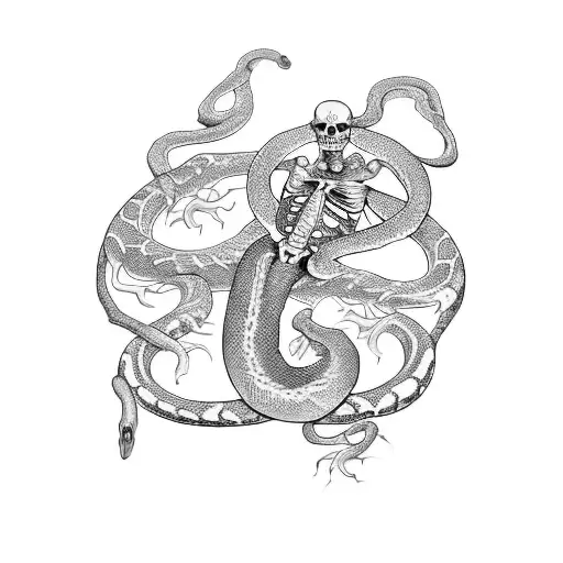 Skeleton Of A Snake Winding Around Mushrooms