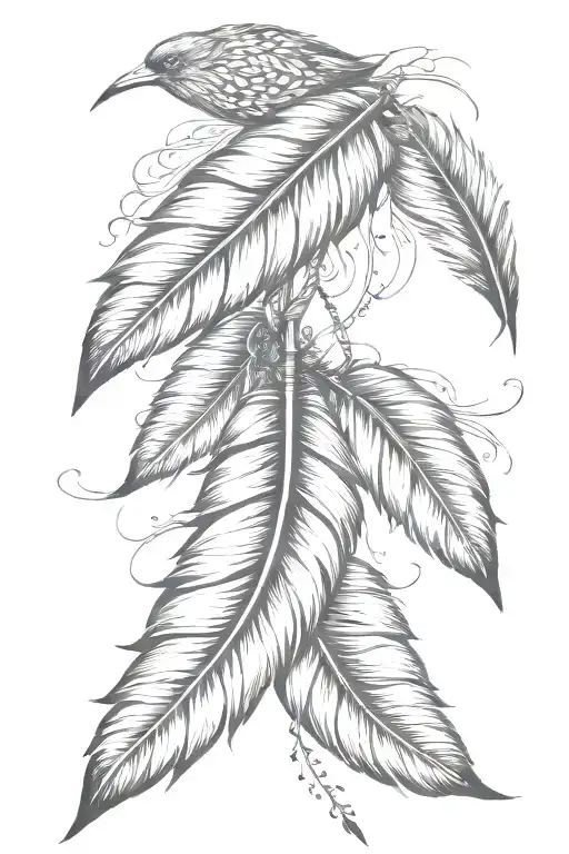 Hanging Feathers With One Longer Feather And Small Birds