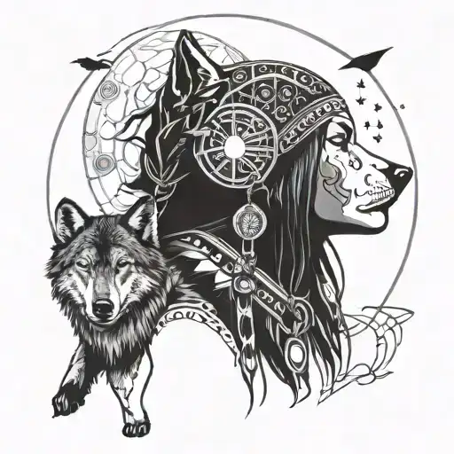 Native Woman With Wolf And Moon