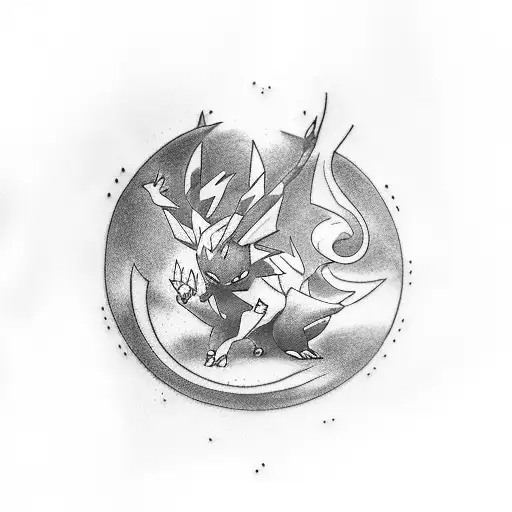 A Realistic Blackwork Tattoo Of A Pokemon Battle Scene Featuring Lunatone And Solrock