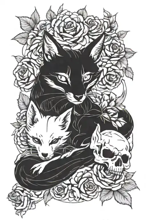 Full Body Kitsune With Skull And Roses Intertwined