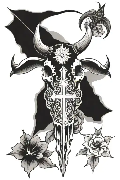 Western Bull Skull Christian Cross With Flowers