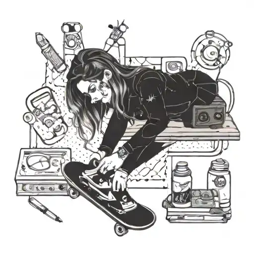 Portrait Of Your Girlfriend In A Blackwork Style With A Skateboard And Drawing Supplies Around Her