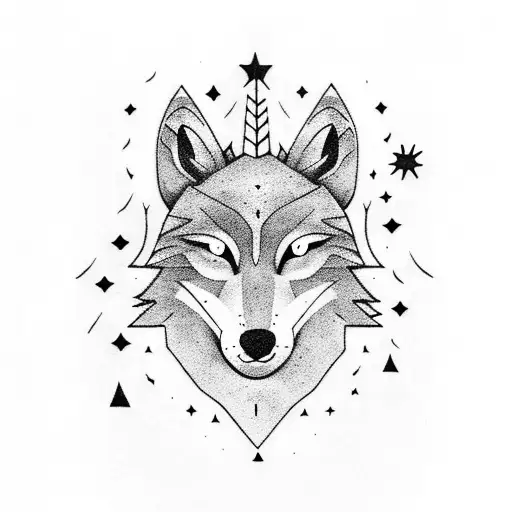 A Dark Forest In Night With Stars And In The Sky Is A Wolf Head