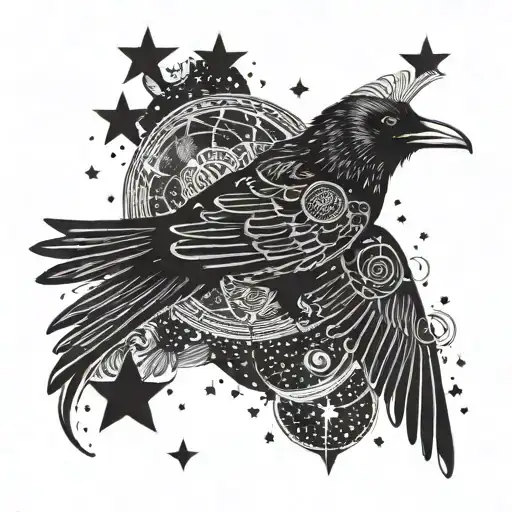 A Mystical Night Crow Flying Through A Starry Sky