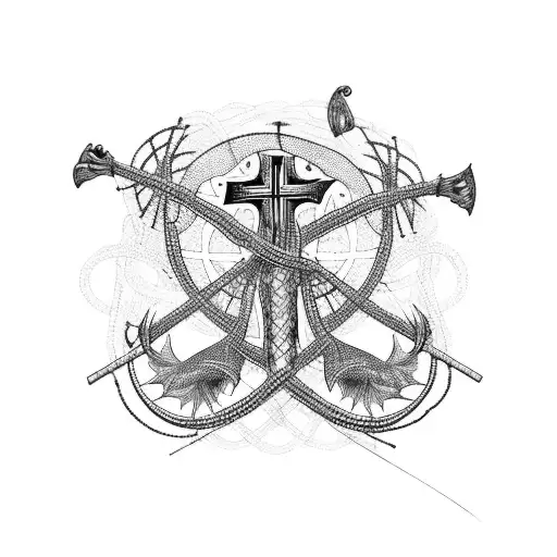 A Fishing Net Woven With Intricate Christian Symbols Like Crosses And Fish