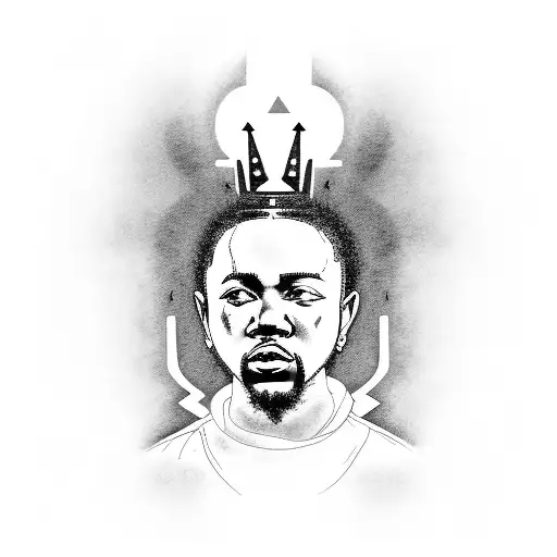 A Blackwork Tattoo Of Kendrick Lamar With A Spine Crown And A Microphone Stand