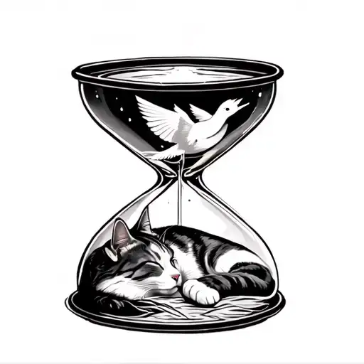 Cat Sleeping In Bottom Section Of Hourglass And Translucent Birds In Upper Section