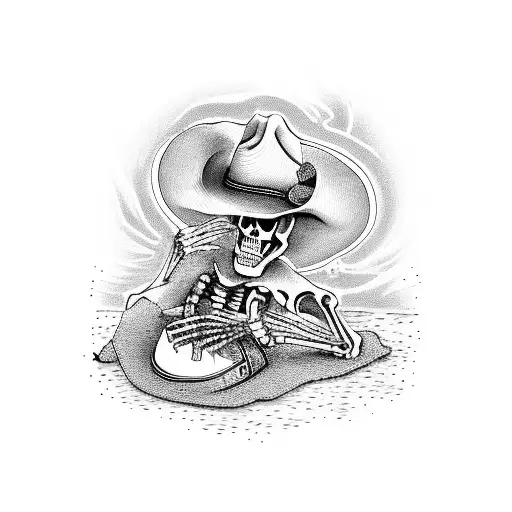 Skeleton With Cowboy Clothes And Cowboy Hat Resting On A Tree Drinking A Bottle Of Bourbon