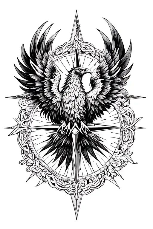 Phoenix And Compass Intertwined Representing Different Aspects