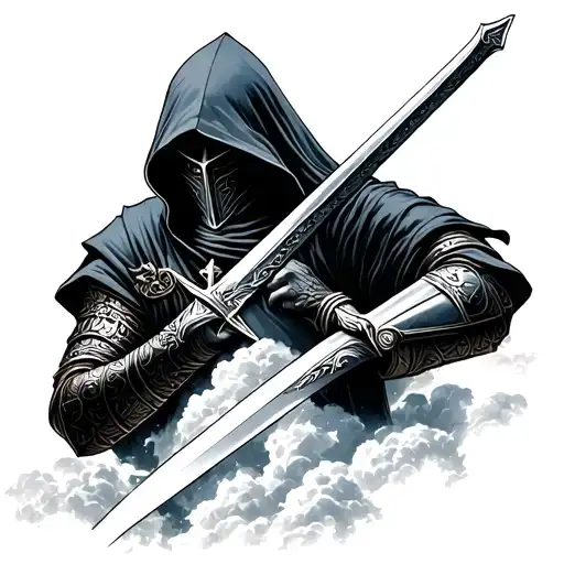 Hooded Knight Looking Down From Clouds With Sword