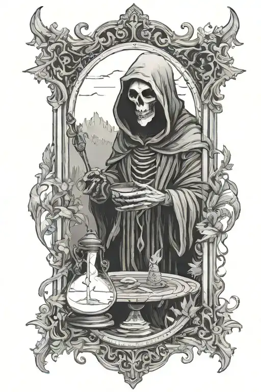 Calm Lake Reflecting Reaper Holding Hourglass