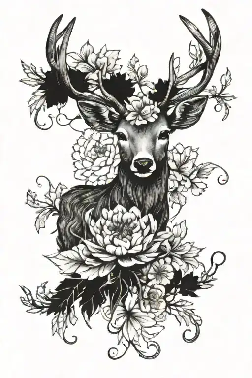 Marigold Flower With Single Only Deer Antlers Intertwined On A Vine