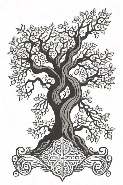 A Tattoo Design Featuring A Family Tree With Intricate Roots Symbolizing Strength And Perseverance