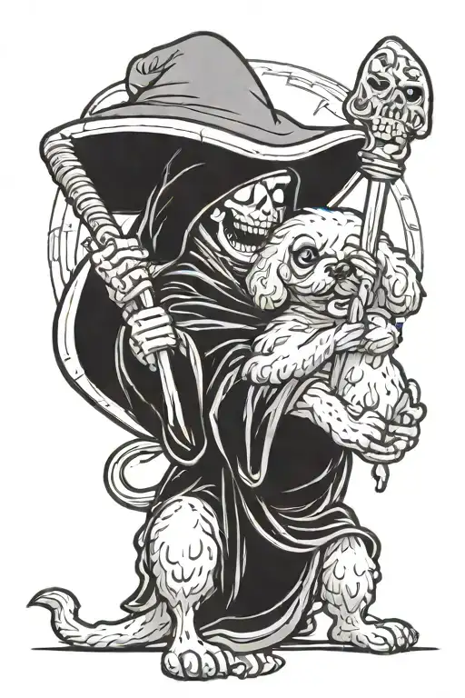 Grim Reaper From Family Guy Holding A Small Maltipoo With Her Tongue Sticking Out