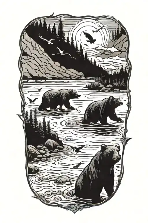 A Flock Of Birds Soaring Over A Tranquil River With Black Bears Fishing Along The Banks