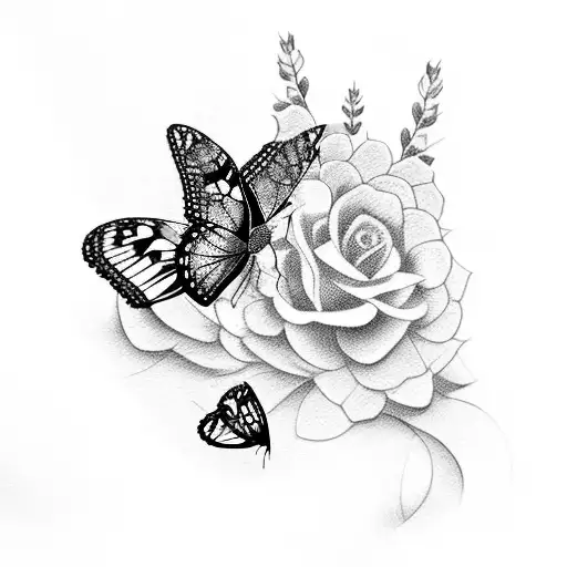 A Mesmerizing Blackwork Tattoo Featuring A Beautiful Butterfly Surrounded By Delicate Flowers