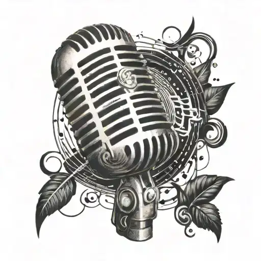 A Detailed Tattoo Of A Vintage Microphone Surrounded By Music Notes And Sound Waves