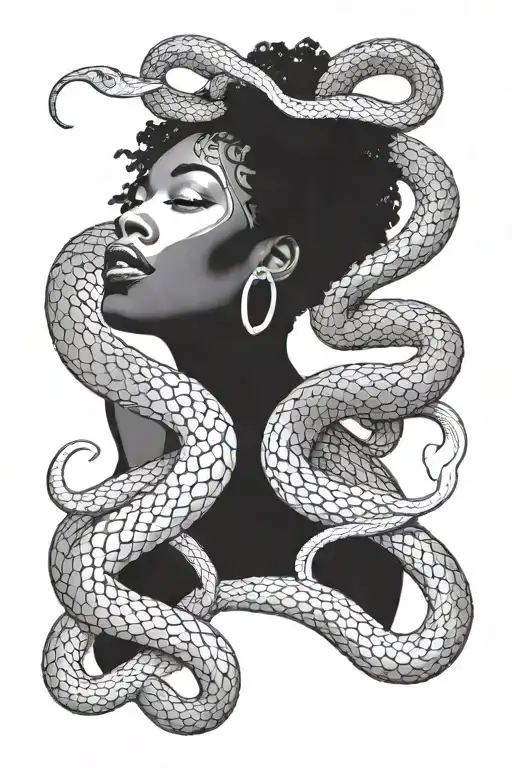A Snake Wrapped Around A African Woman With An Afro