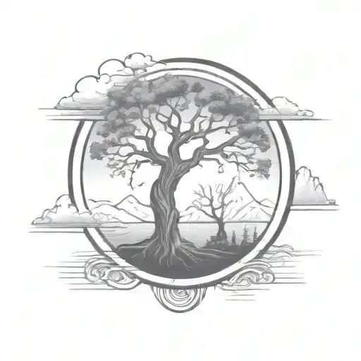 Delicate Tree Of Life In A Circle With Mountains In The Background And Shading Around The Outside