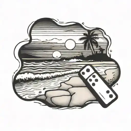 Beach Sunset With A Domino Piece At The Right Corner And A Baseball Ball At The Left Corner