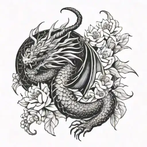 Flying Dragon Surrounded By Flowers Blooming