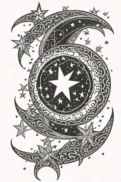 Crescent Moon Surrounded By Ring Of Stars