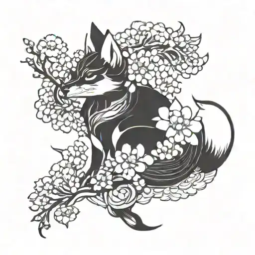 Japanese Style Kitsune With Flowers Background