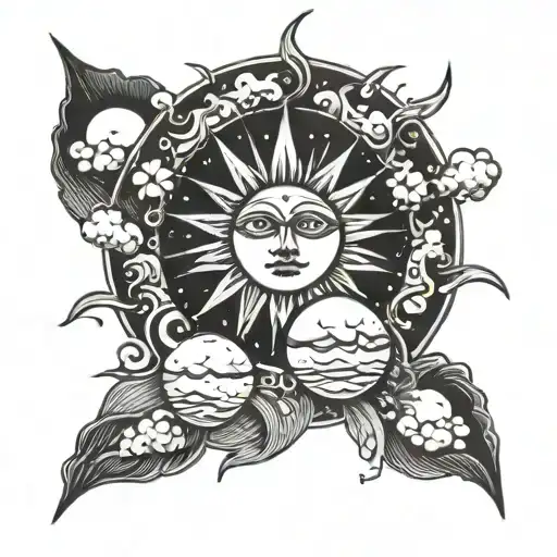 Sun And Moon Surrounded By Clouds And Solar Rays