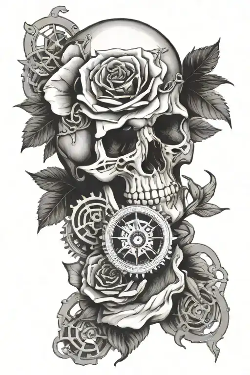 Skull With Gears And Compass And A Rose Flower