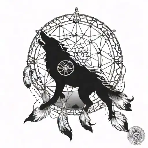 Dream Catcher And Wolf Howling At The Moon