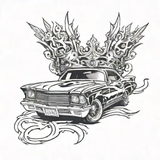 A Stylized Cutlass Car With Oversized Rims And Crowns Integrated Into The Design