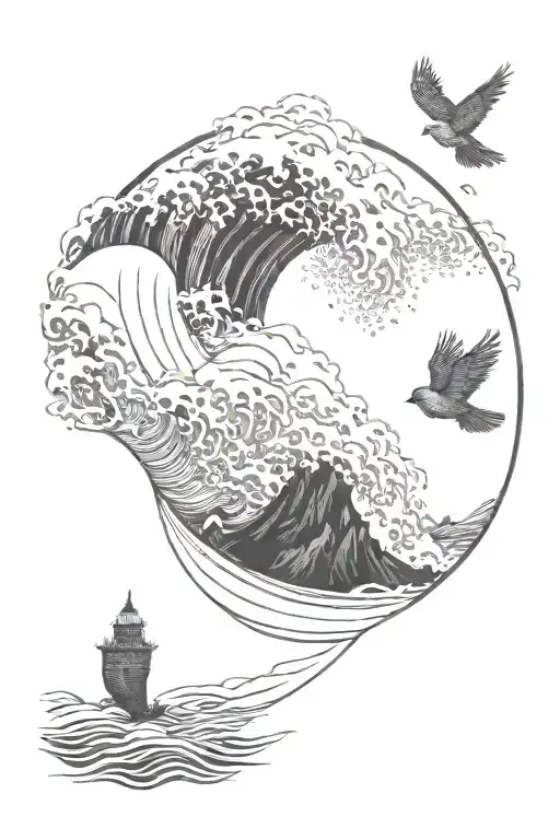 An Intricate Design Of Ocean Waves Crashing Against A Cliff With A Cardinal Flying Overhead
