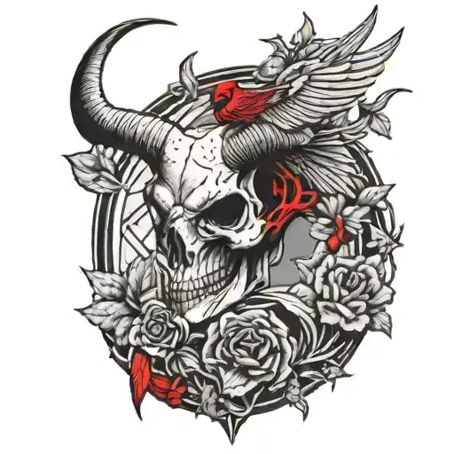 Long Horn Skull And Red Cardinal Perched