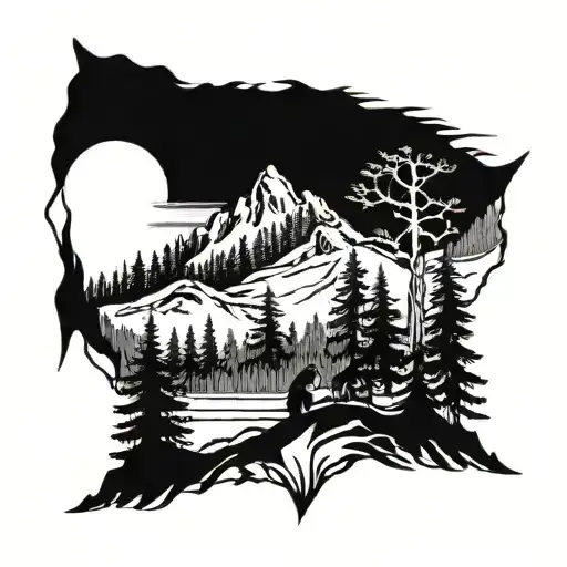 Forest Scene With Wolves And Eagles On Top Of An Upside-down Mountain