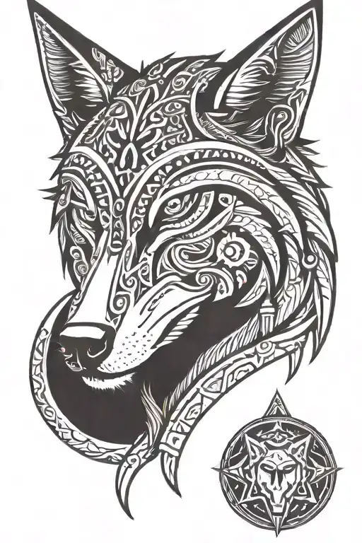 2D Aztec Style Wolf Head And Crescent Moon