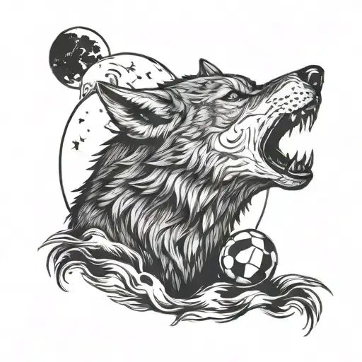 A Fierce Wolf Howling At A Full Moon With A Football In Its Mouth