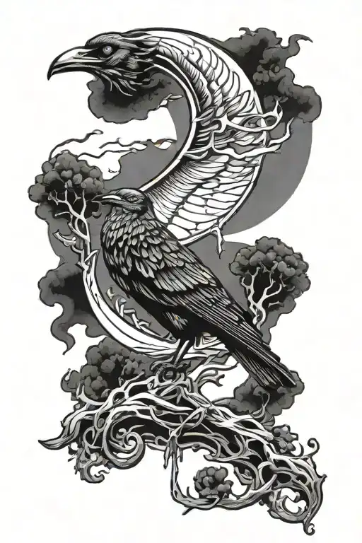 Melting Crescent Moon With Crow Sitting