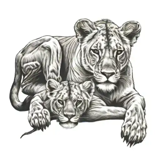 Lioness And Lion Cub