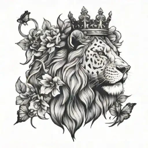Lion With Crown Butterfly And Gladiodus Flower