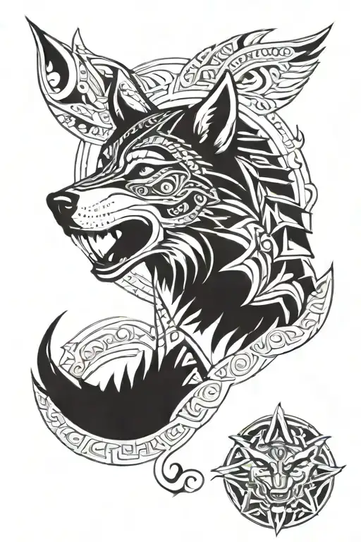 2D Aztec Style Wolf Head And Crescent Moon