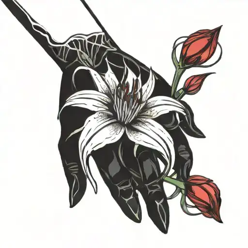 Skeletal Hand Holding A Red Spider Lily Flower Delicately