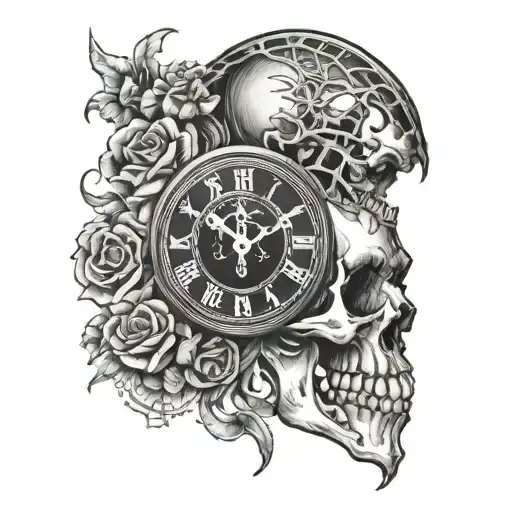 Half Skeleton Half Clock Hand Tattoo Design