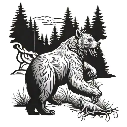 Bear Hunting Scene With Hounds Chasing The Bear Through A Dense Forest