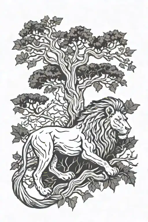 Lion And Oak Tree Intertwined Within